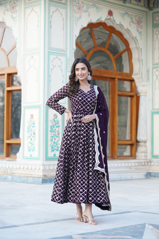 Jyoti Fashion Women's Wine Faux Blooming Sequins Embroidered Partywear Anarkali Dress with Dupatta | Swadesiicart