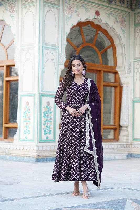 Jyoti Fashion Women's Wine Faux Blooming Sequins Embroidered Partywear Anarkali Dress with Dupatta | Swadesiicart