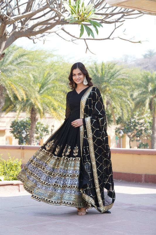 Jyoti Fashion Women's Black Faux Blooming Sequins Embroidered Partywear Anarkali Dress with Dupatta | Swadesiicart