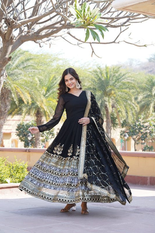 Jyoti Fashion Women's Black Faux Blooming Sequins Embroidered Partywear Anarkali Dress with Dupatta | Swadesiicart
