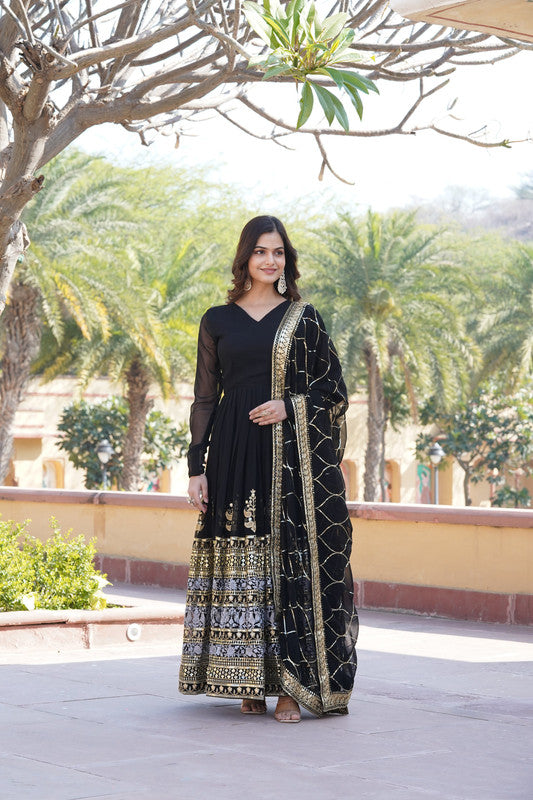 Jyoti Fashion Women's Black Faux Blooming Sequins Embroidered Partywear Anarkali Dress with Dupatta | Swadesiicart