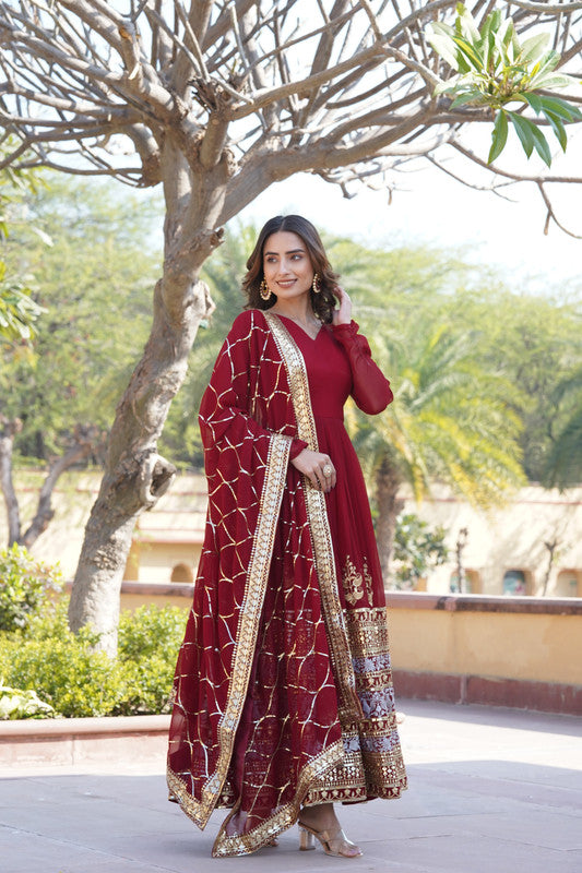 Jyoti Fashion Women's Maroon Faux Blooming Sequins Embroidered Partywear Anarkali Dress with Dupatta | Swadesiicart