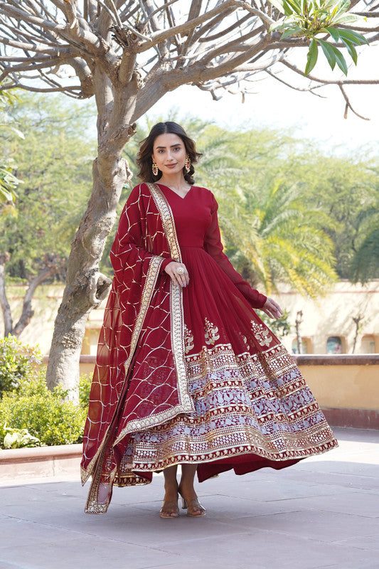 Jyoti Fashion Women's Maroon Faux Blooming Sequins Embroidered Partywear Anarkali Dress with Dupatta | Swadesiicart