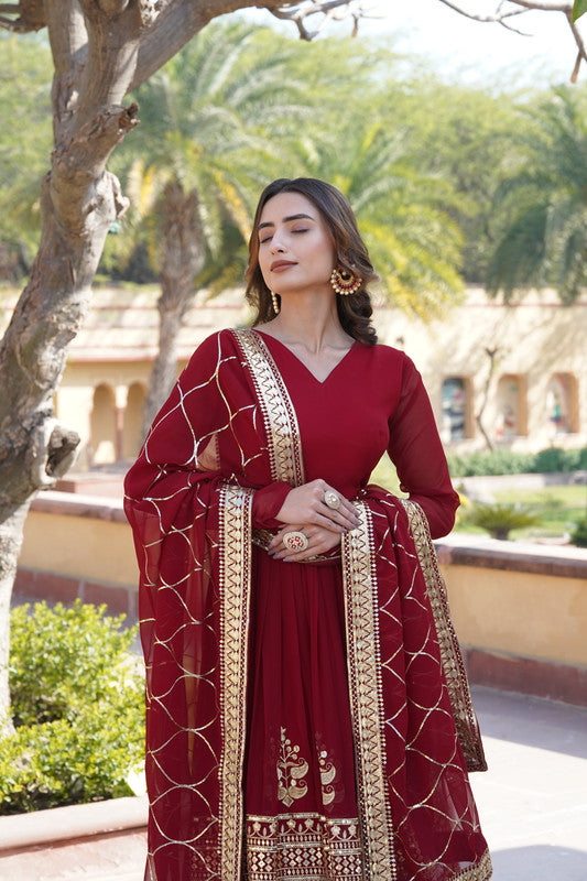 Jyoti Fashion Women's Maroon Faux Blooming Sequins Embroidered Partywear Anarkali Dress with Dupatta | Swadesiicart