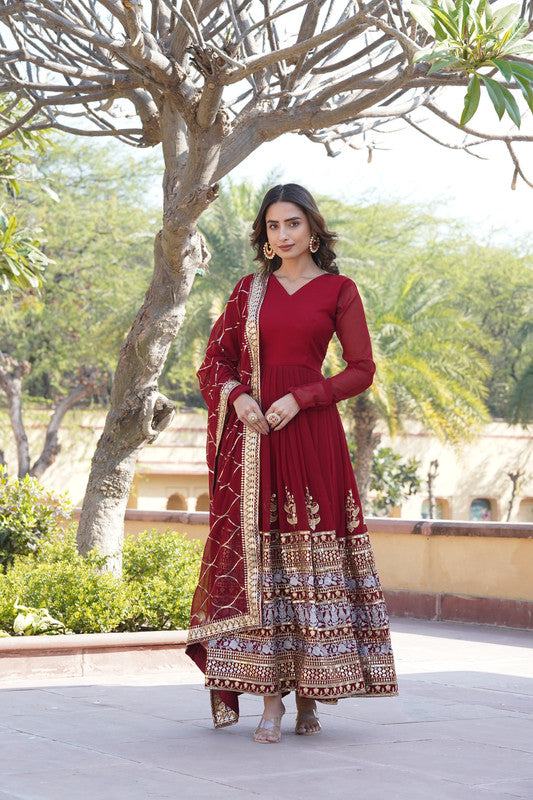 Jyoti Fashion Women's Maroon Faux Blooming Sequins Embroidered Partywear Anarkali Dress with Dupatta | Swadesiicart