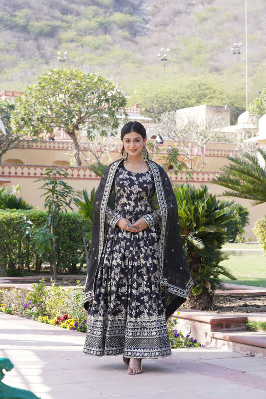 Jyoti Fashion Women's Black Viscose Jacquard with Sequins Embroidered Anarkali Dress with Dupatta | Swadesiicart