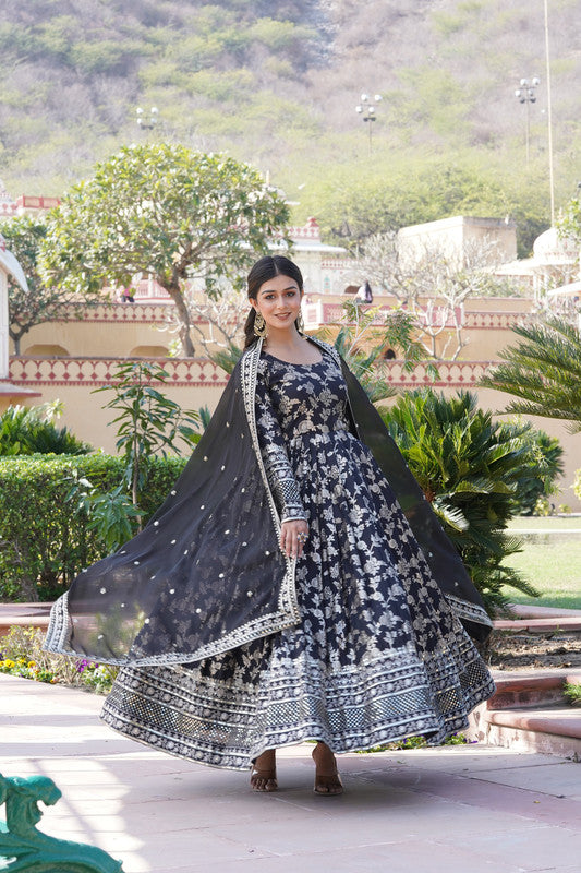 Jyoti Fashion Women's Black Viscose Jacquard with Sequins Embroidered Anarkali Dress with Dupatta | Swadesiicart