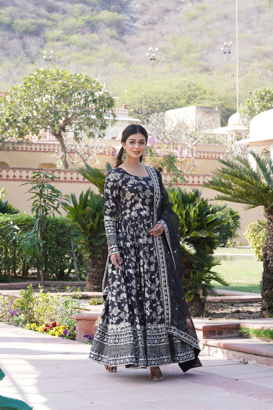 Jyoti Fashion Women's Black Viscose Jacquard with Sequins Embroidered Anarkali Dress with Dupatta | Swadesiicart