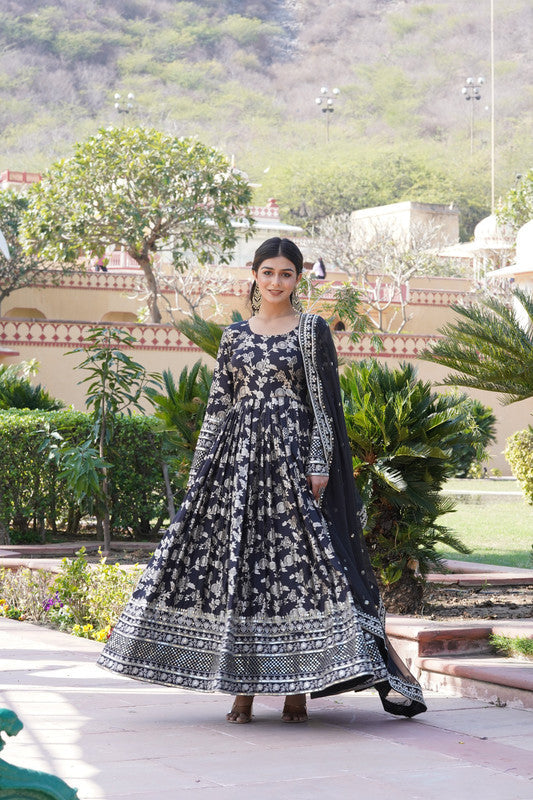 Jyoti Fashion Women's Black Viscose Jacquard with Sequins Embroidered Anarkali Dress with Dupatta | Swadesiicart