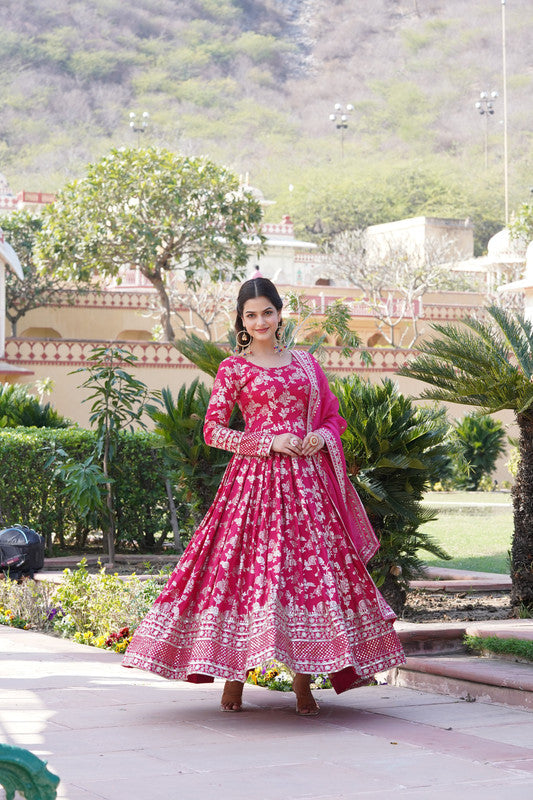 Jyoti Fashion Women's Pink Viscose Jacquard with Sequins Embroidered Anarkali Dress with Dupatta | Swadesiicart