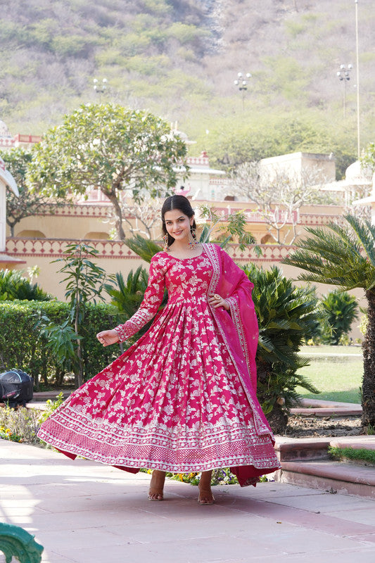 Jyoti Fashion Women's Pink Viscose Jacquard with Sequins Embroidered Anarkali Dress with Dupatta | Swadesiicart