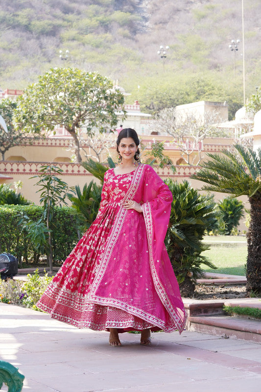 Jyoti Fashion Women's Pink Viscose Jacquard with Sequins Embroidered Anarkali Dress with Dupatta | Swadesiicart