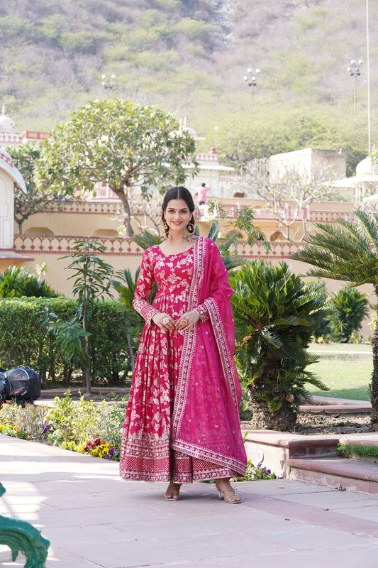 Jyoti Fashion Women's Pink Viscose Jacquard with Sequins Embroidered Anarkali Dress with Dupatta | Swadesiicart