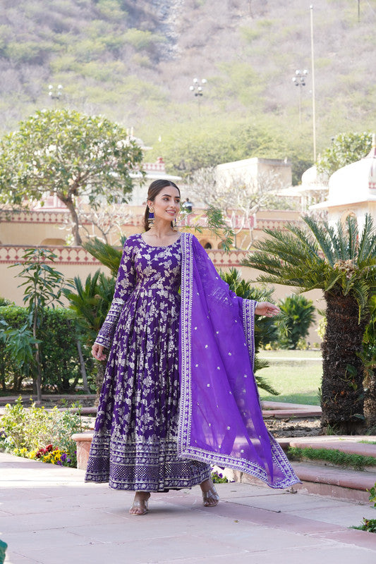 Jyoti Fashion Women's Purple Viscose Jacquard with Sequins Embroidered Anarkali Dress with Dupatta | Swadesiicart