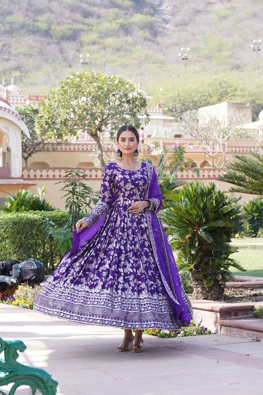 Jyoti Fashion Women's Purple Viscose Jacquard with Sequins Embroidered Anarkali Dress with Dupatta | Swadesiicart