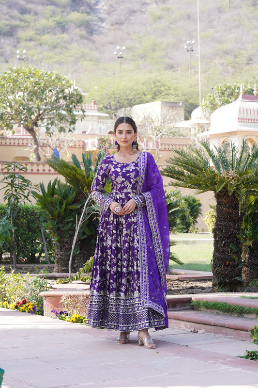 Jyoti Fashion Women's Purple Viscose Jacquard with Sequins Embroidered Anarkali Dress with Dupatta | Swadesiicart