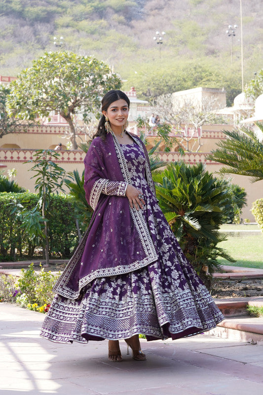 Jyoti Fashion Women's Wine Viscose Jacquard with Sequins Embroidered Anarkali Dress with Dupatta | Swadesiicart