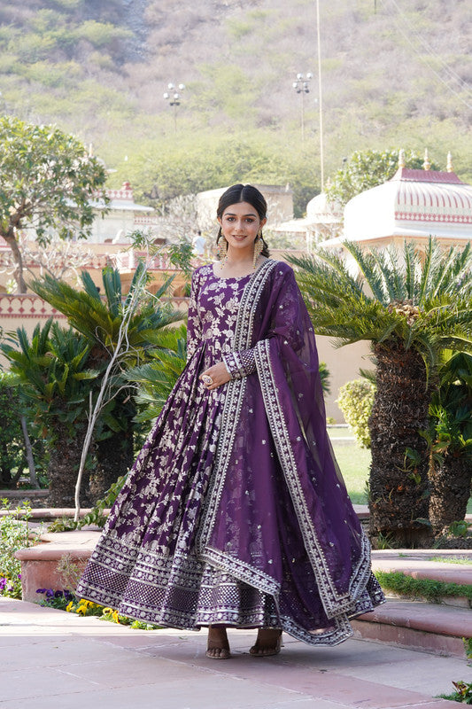 Jyoti Fashion Women's Wine Viscose Jacquard with Sequins Embroidered Anarkali Dress with Dupatta | Swadesiicart