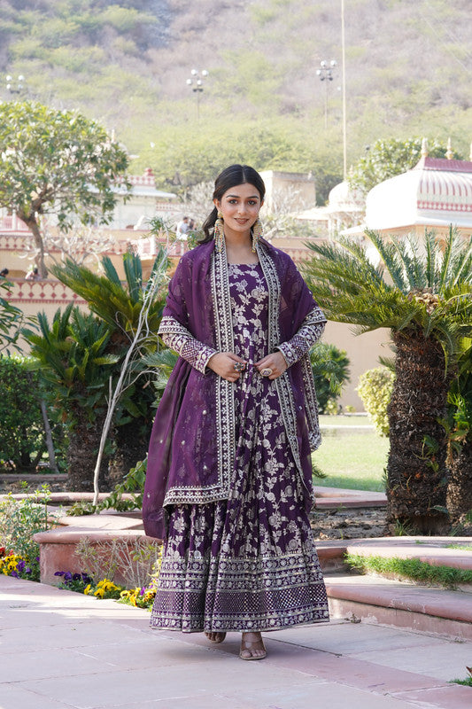 Jyoti Fashion Women's Wine Viscose Jacquard with Sequins Embroidered Anarkali Dress with Dupatta | Swadesiicart