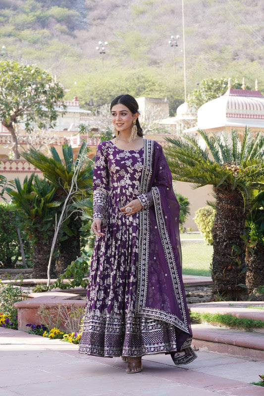 Jyoti Fashion Women's Wine Viscose Jacquard with Sequins Embroidered Anarkali Dress with Dupatta | Swadesiicart