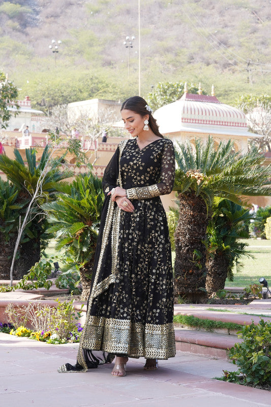 Jyoti Fashion Women's Black Faux Blooming Sequins Thread Embroidered Anarkali Dress with Dupatta | Swadesiicart