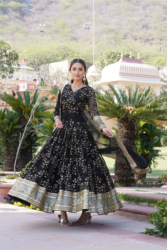 Jyoti Fashion Women's Black Faux Blooming Sequins Thread Embroidered Anarkali Dress with Dupatta | Swadesiicart