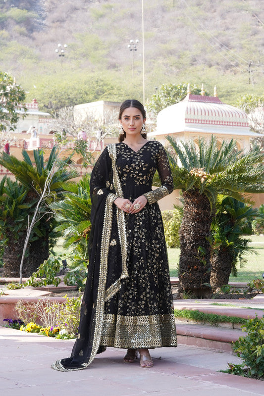Jyoti Fashion Women's Black Faux Blooming Sequins Thread Embroidered Anarkali Dress with Dupatta | Swadesiicart
