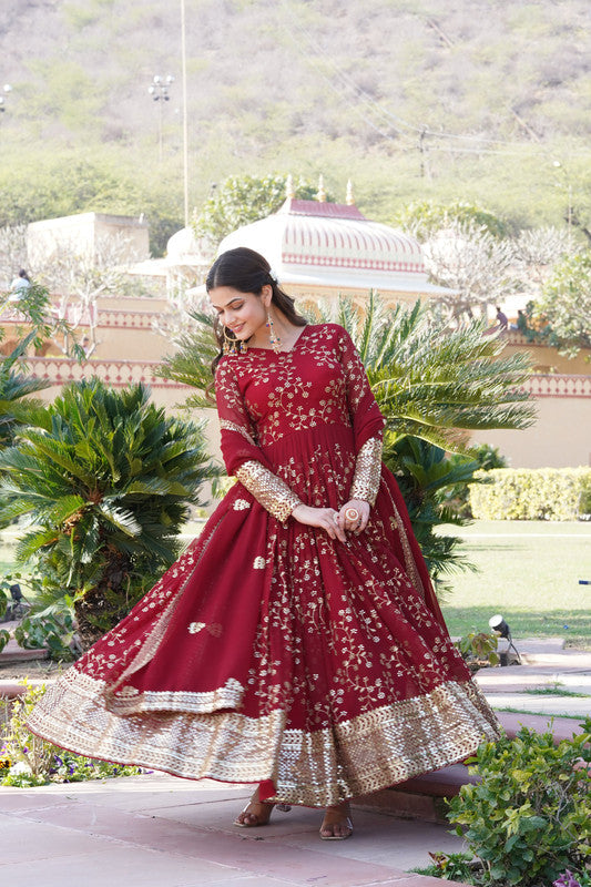 Jyoti Fashion Women's Maroon Faux Blooming Sequins Thread Embroidered Anarkali Dress with Dupatta | Swadesiicart