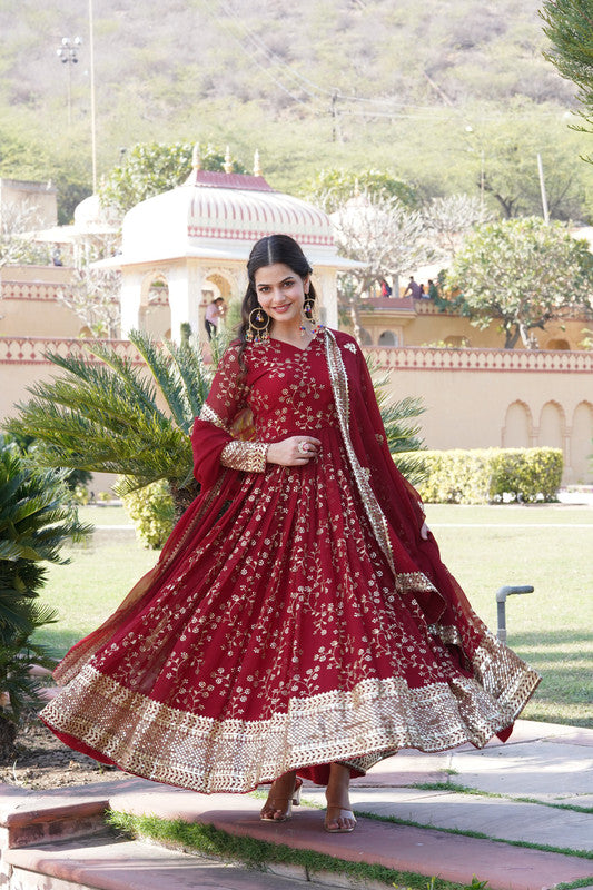 Jyoti Fashion Women's Maroon Faux Blooming Sequins Thread Embroidered Anarkali Dress with Dupatta | Swadesiicart