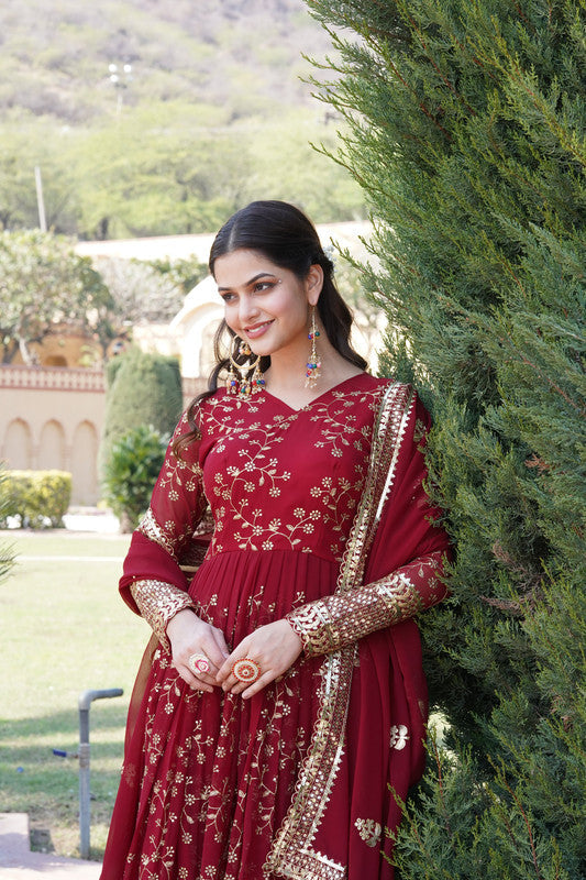 Jyoti Fashion Women's Maroon Faux Blooming Sequins Thread Embroidered Anarkali Dress with Dupatta | Swadesiicart