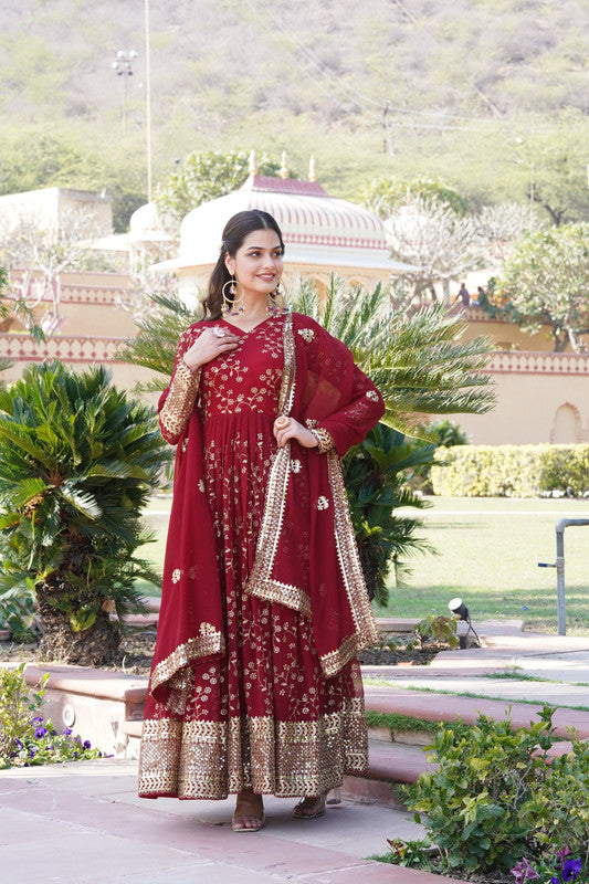 Jyoti Fashion Women's Maroon Faux Blooming Sequins Thread Embroidered Anarkali Dress with Dupatta | Swadesiicart