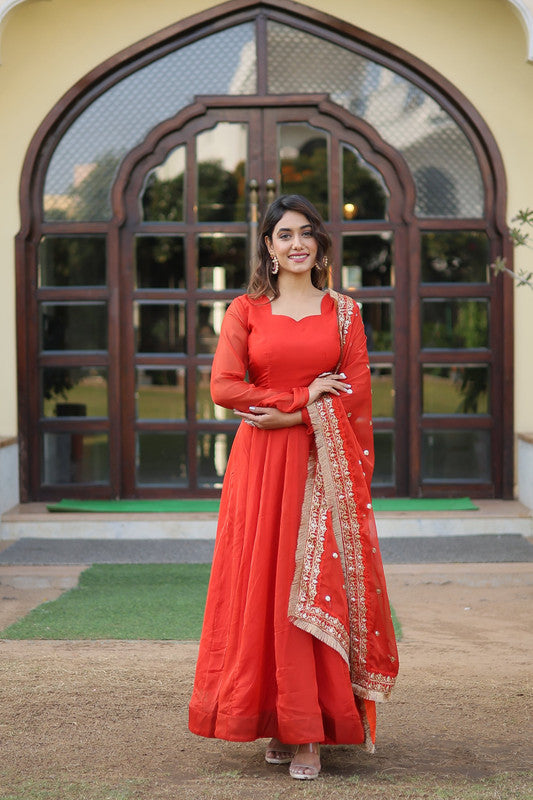Jyoti Fashion Women's Gajri Russian Silk Kali work Partywear Anarkali Dress with Dupatta | Swadesiicart