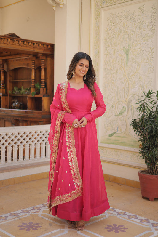 Jyoti Fashion Women's Pink Russian Silk Kali work Partywear Anarkali Dress with Dupatta | Swadesiicart