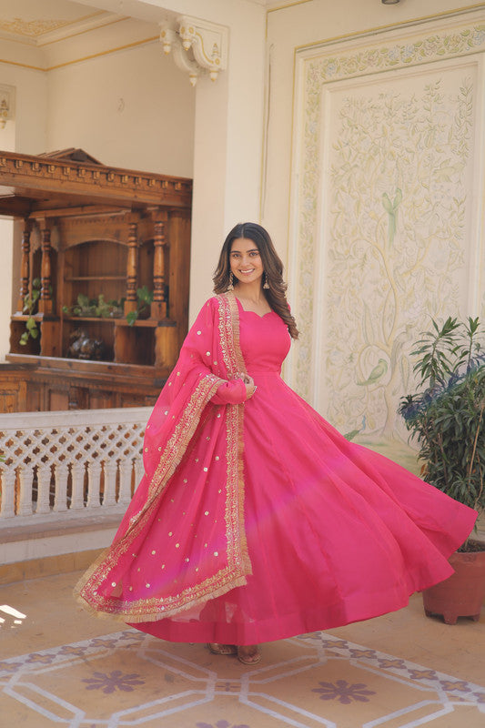 Jyoti Fashion Women's Pink Russian Silk Kali work Partywear Anarkali Dress with Dupatta | Swadesiicart