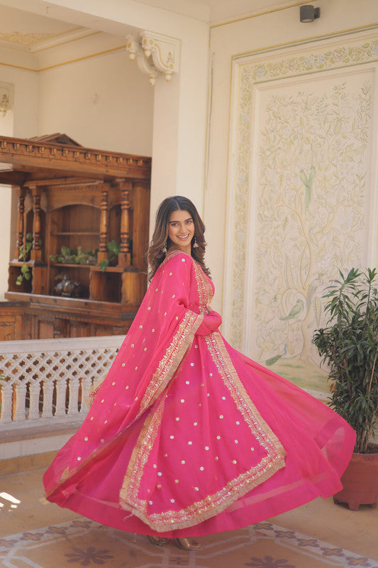 Jyoti Fashion Women's Pink Russian Silk Kali work Partywear Anarkali Dress with Dupatta | Swadesiicart