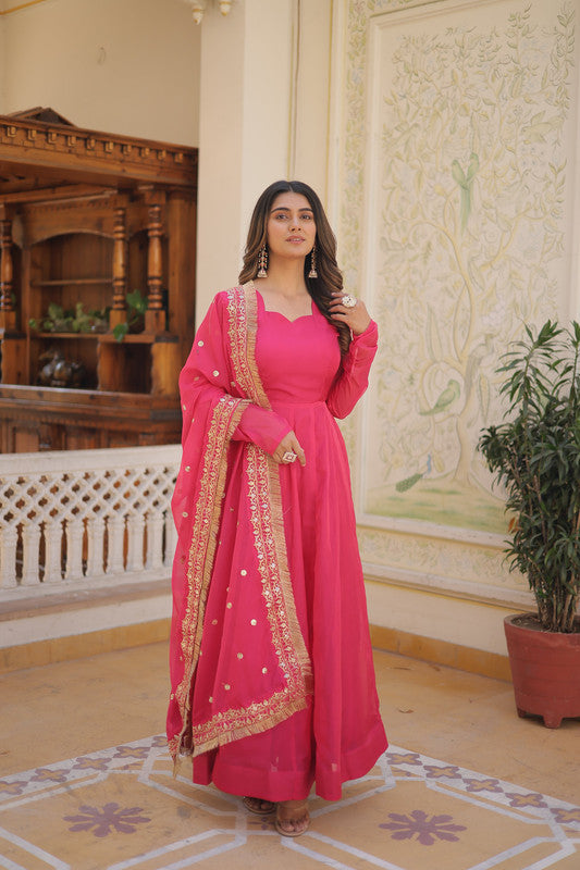 Jyoti Fashion Women's Pink Russian Silk Kali work Partywear Anarkali Dress with Dupatta | Swadesiicart