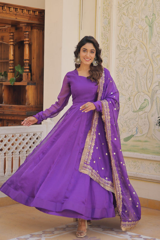 Jyoti Fashion Women's Purple Russian Silk Kali work Partywear Anarkali Dress with Dupatta | Swadesiicart
