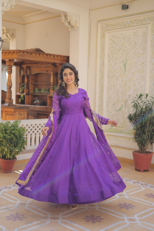 Jyoti Fashion Women's Purple Russian Silk Kali work Partywear Anarkali Dress with Dupatta | Swadesiicart