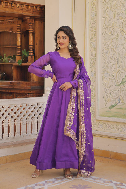 Jyoti Fashion Women's Purple Russian Silk Kali work Partywear Anarkali Dress with Dupatta | Swadesiicart