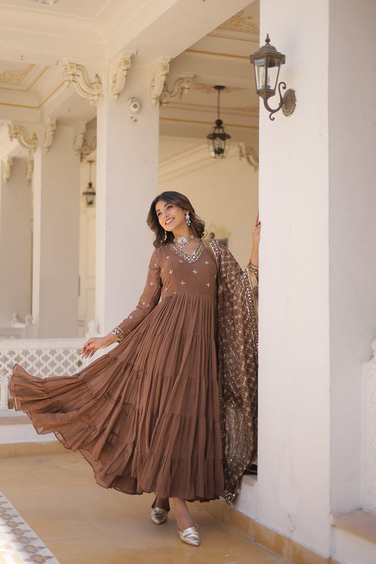 Jyoti Fashion Women's Coffee Faux Georgette Embroidered Partywear Anarkali Dress with Dupatta | Swadesiicart