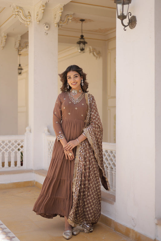 Jyoti Fashion Women's Coffee Faux Georgette Embroidered Partywear Anarkali Dress with Dupatta | Swadesiicart