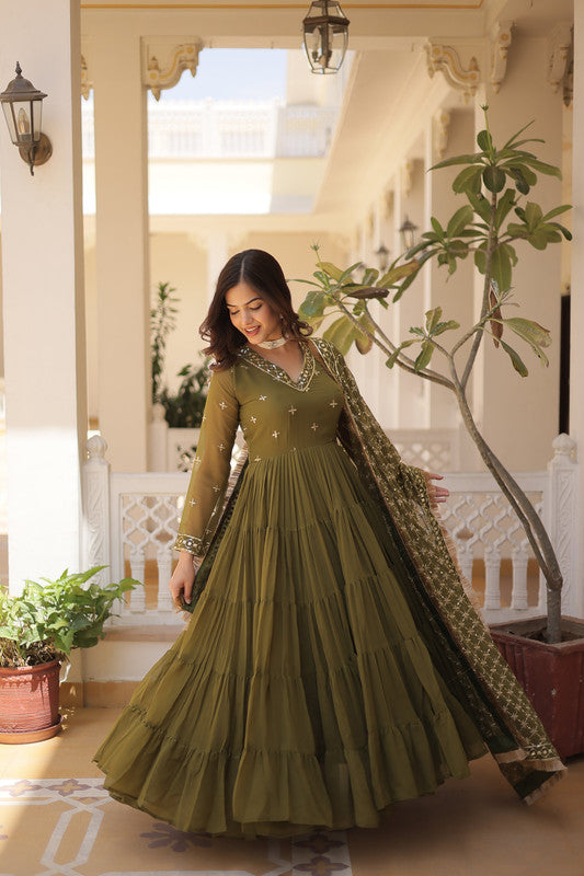 Jyoti Fashion Women's Mehendi Faux Georgette Embroidered Partywear Anarkali Dress with Dupatta | Swadesiicart