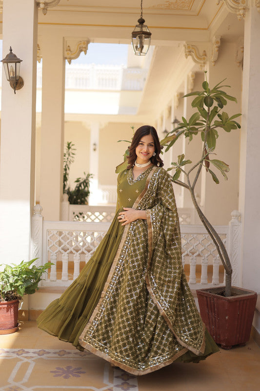 Jyoti Fashion Women's Mehendi Faux Georgette Embroidered Partywear Anarkali Dress with Dupatta | Swadesiicart