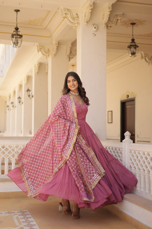 Jyoti Fashion Women's Onion Pink Faux Georgette Embroidered Partywear Anarkali Dress with Dupatta | Swadesiicart