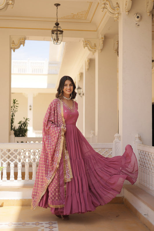 Jyoti Fashion Women's Onion Pink Faux Georgette Embroidered Partywear Anarkali Dress with Dupatta | Swadesiicart