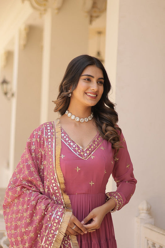 Jyoti Fashion Women's Onion Pink Faux Georgette Embroidered Partywear Anarkali Dress with Dupatta | Swadesiicart