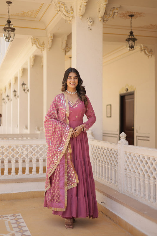 Jyoti Fashion Women's Onion Pink Faux Georgette Embroidered Partywear Anarkali Dress with Dupatta | Swadesiicart
