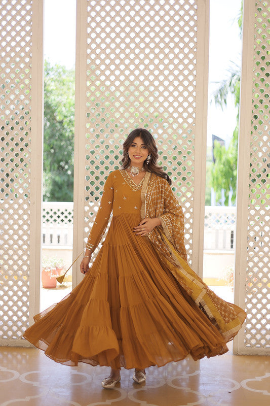 Jyoti Fashion Women's Mustard Faux Georgette Embroidered Partywear Anarkali Dress with Dupatta | Swadesiicart