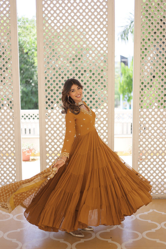 Jyoti Fashion Women's Mustard Faux Georgette Embroidered Partywear Anarkali Dress with Dupatta | Swadesiicart