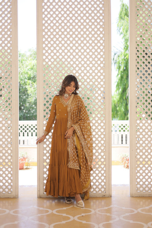 Jyoti Fashion Women's Mustard Faux Georgette Embroidered Partywear Anarkali Dress with Dupatta | Swadesiicart